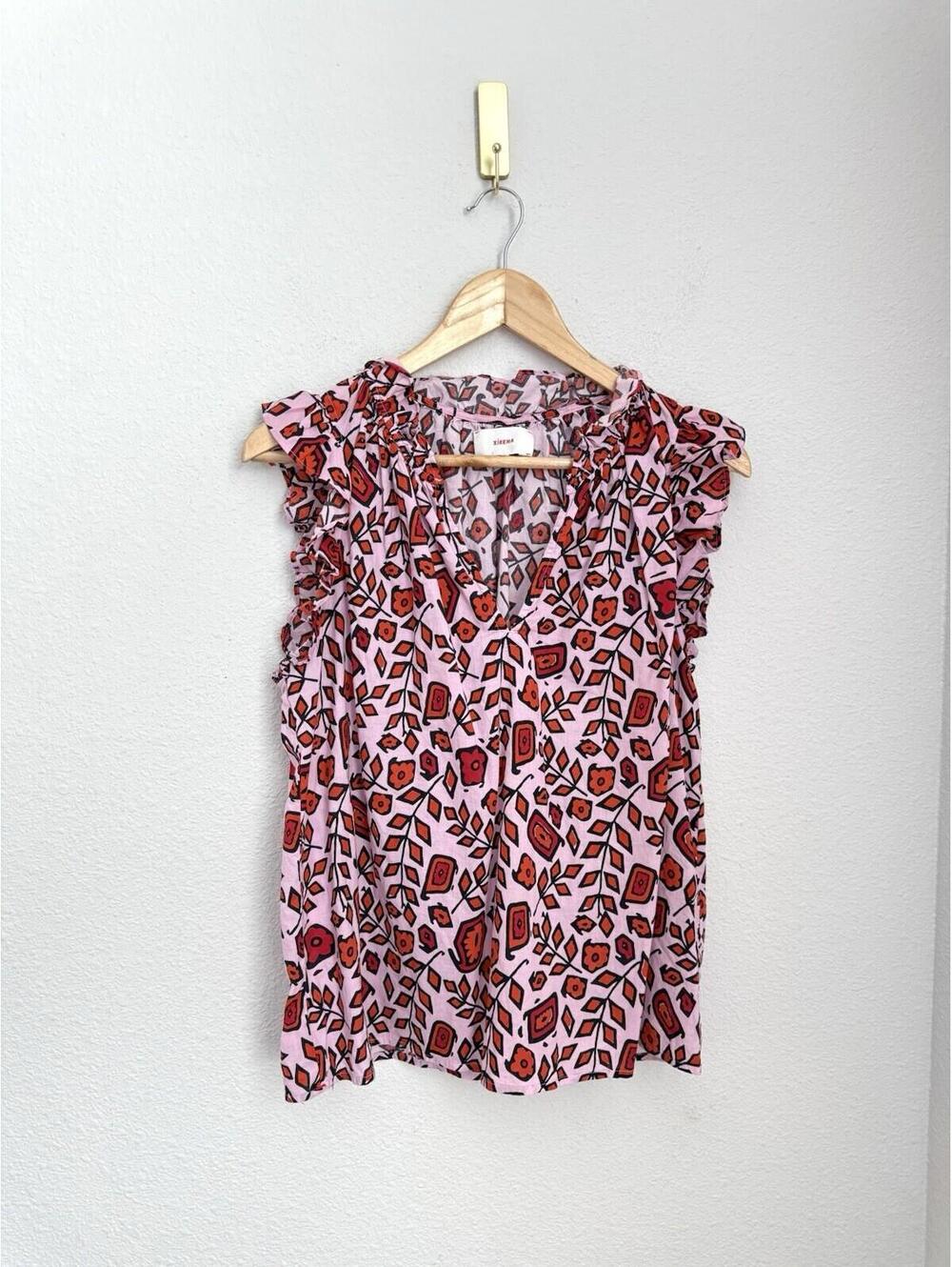 Xirena Womens Floral Print Button Down Tank Top Pink Red Cotton Size Medium